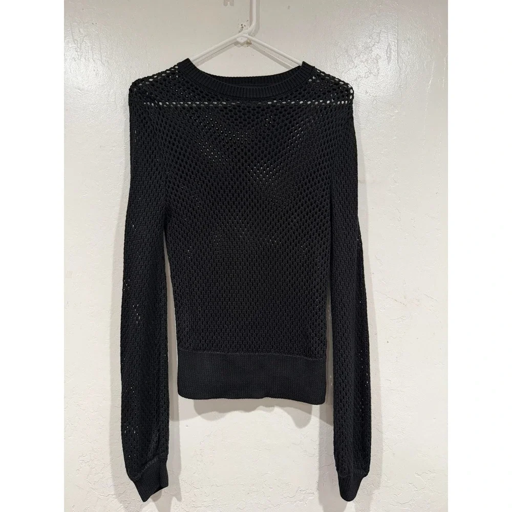 Monrow Black Open Knit Mesh Crewneck Sweater Cotton Modal Blend Small